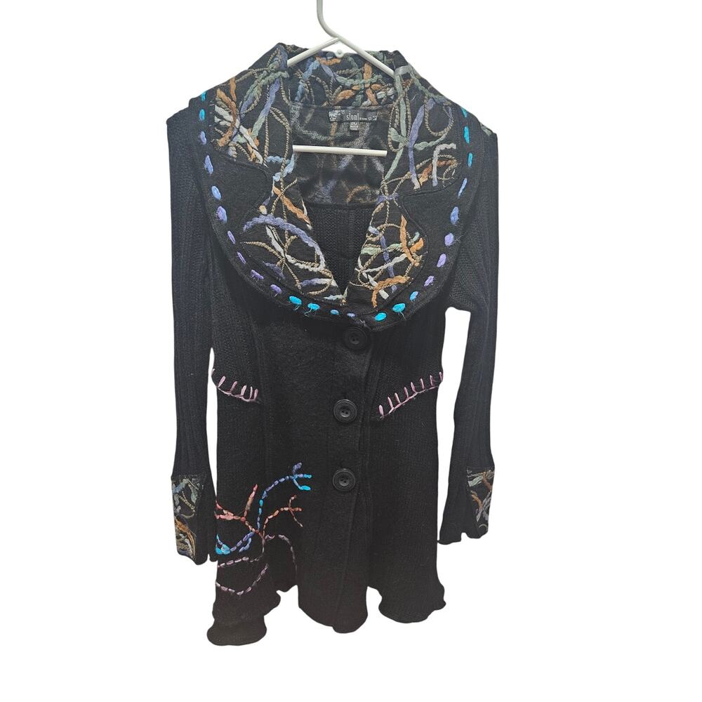 Sioni Petite Y2K Whimsygoth Embroidered Longline Sweater Coat Wool Artsy PM M
